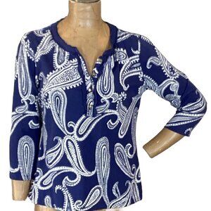 Talbots 3/4 Sleeve Henley Ruffle Placket Top 4-Button Paisley M Blue White 279L